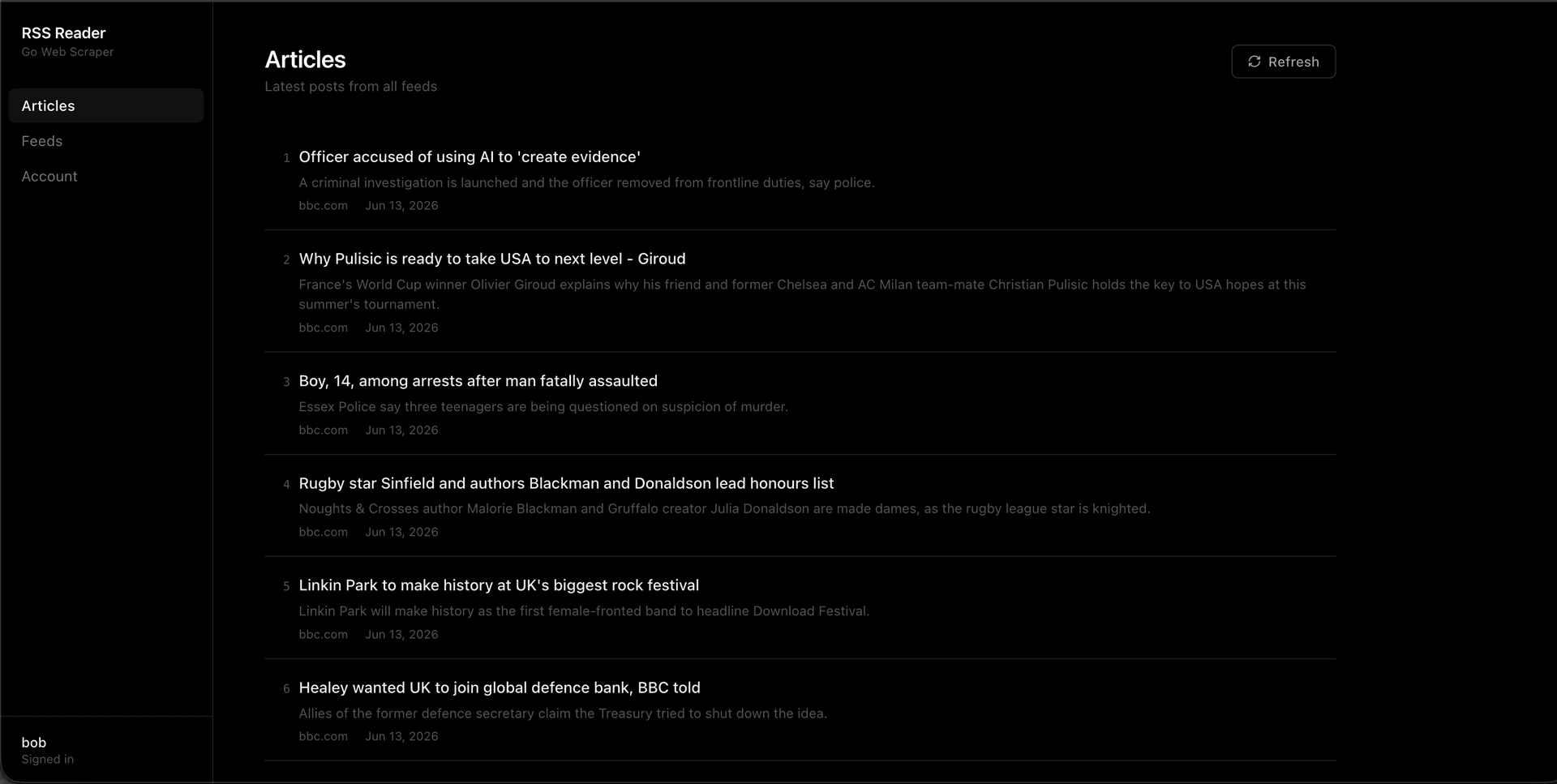 Articles page showing scraped posts in a dark card grid